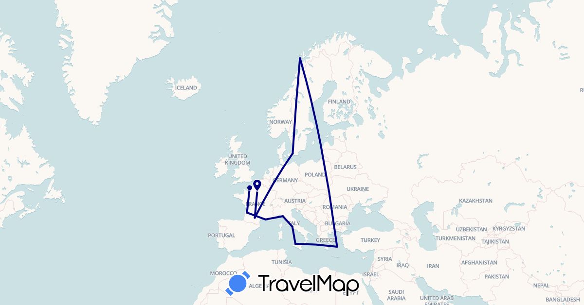 TravelMap itinerary: driving in Denmark, France, Greece, Italy, Norway (Europe)